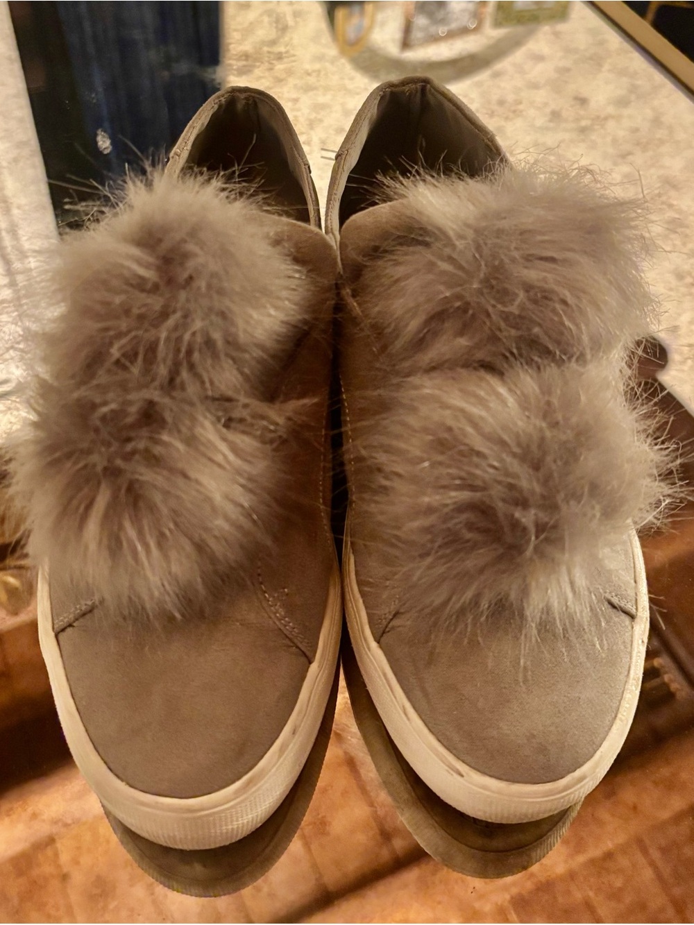 Taupe Faux Fur Slip-On Sneakers for Women